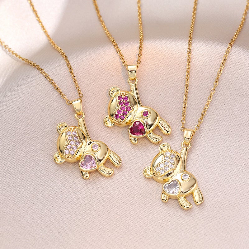 Necklace For Women Japanese And Korean Ins Trendy Colorful Zircon Heart Bear Personality Fashion Ins Minimalist Style Necklace - Image 2